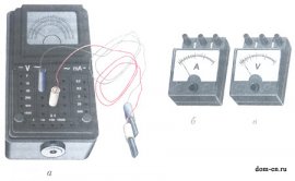 Электроизмерительные приборы: а — авометр; б — амперметр; в — вольтметр