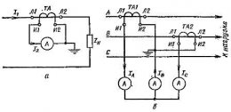 Схемы включения амперметров при помощи измерительных трансформаторов тока: о — в однофазной сети, б — в трехфазной сети.